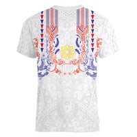 Philippines Barong Style Women V-Neck T-Shirt Polynesian Kakau Art Tattoos with Tribal Filipino Sun