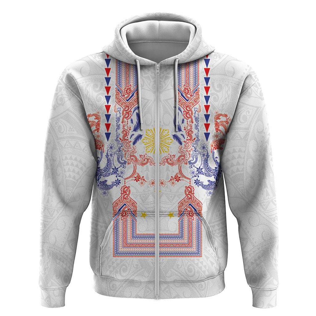 Philippines Barong Style Zip Hoodie Polynesian Kakau Art Tattoos with Tribal Filipino Sun LT03 Zip Hoodie White - Polynesian Pride