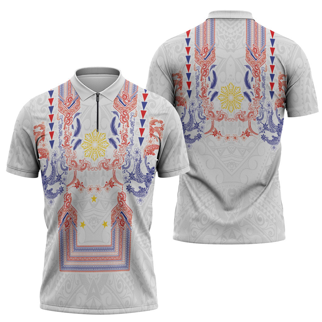 Philippines Barong Style Zipper Polo Shirt Polynesian Kakau Art Tattoos with Tribal Filipino Sun