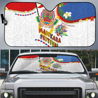 Philippines MassKara Festival Auto Sun Shade Smile Masks with Hawaiian Art Pattern and Tropical Plants