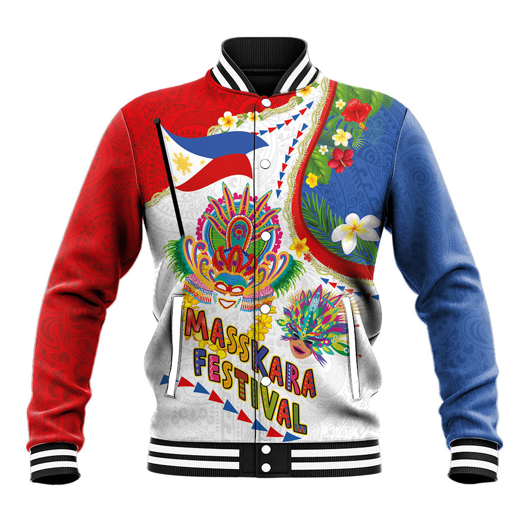 Philippines MassKara Festival Baseball Jacket Smile Masks with Hawaiian Art Pattern and Tropical Plants
