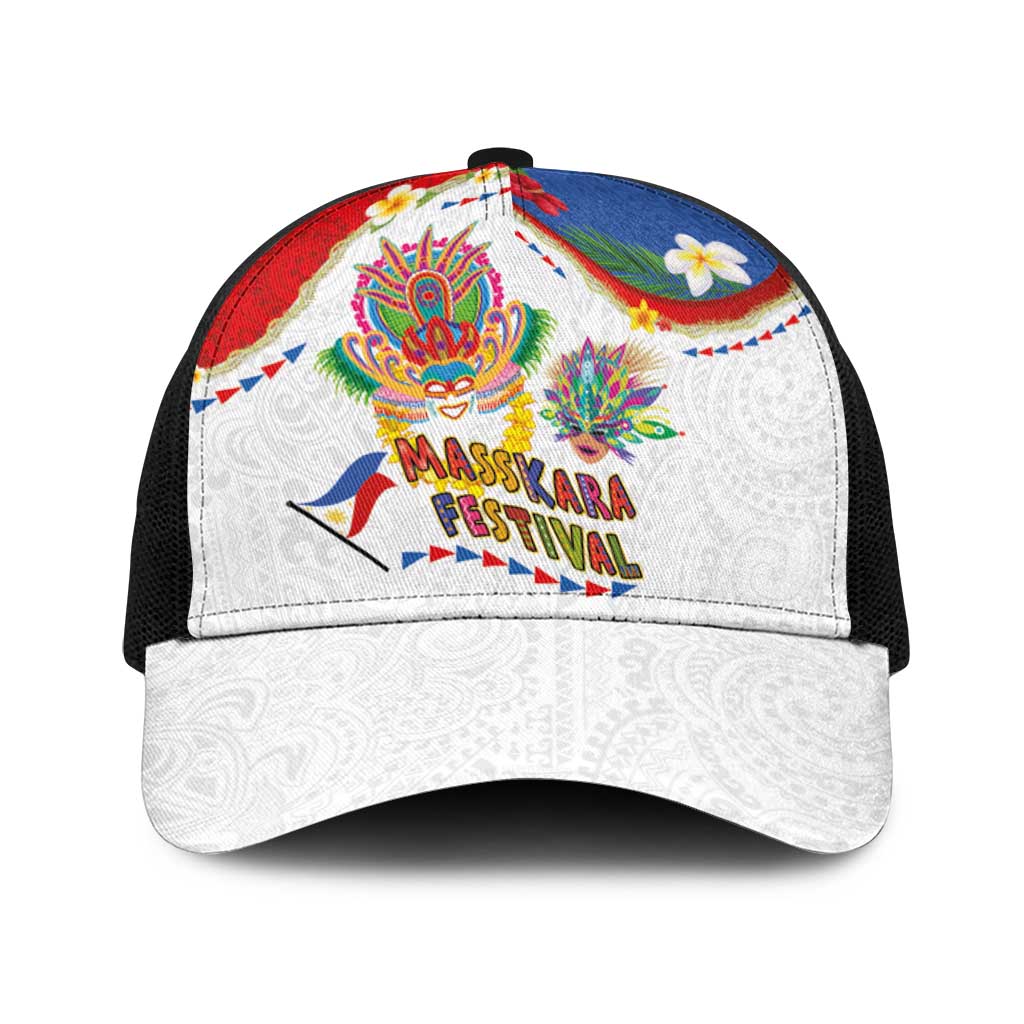 Philippines MassKara Festival Baseball Net Cap Smile Masks with Hawaiian Art Pattern and Tropical Plants