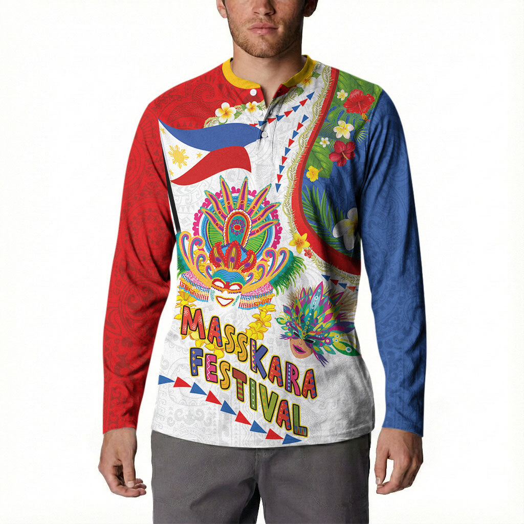 Philippines MassKara Festival Button Sweatshirt Smile Masks with Hawaiian Art Pattern and Tropical Plants