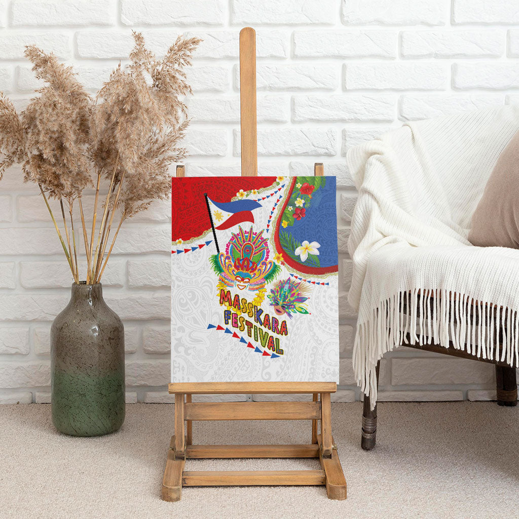 Philippines MassKara Festival Canvas Wall Art Smile Masks with Hawaiian Art Pattern and Tropical Plants