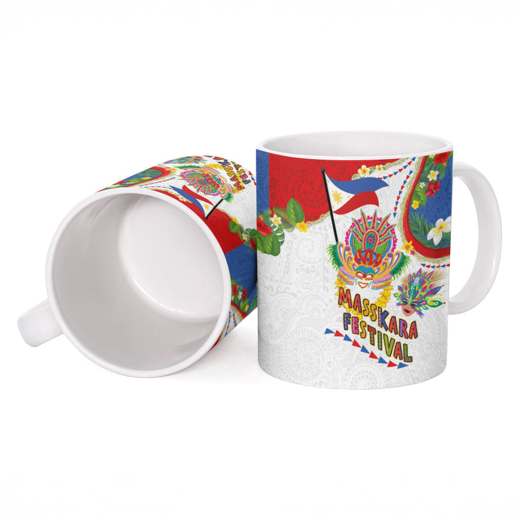 Philippines MassKara Festival Ceramic Mug Smile Masks with Hawaiian Art Pattern and Tropical Plants