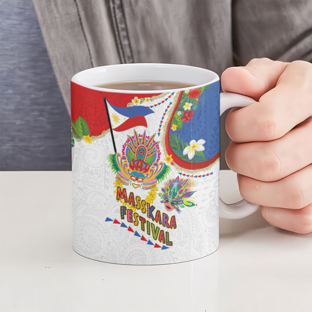 Philippines MassKara Festival Ceramic Mug Smile Masks with Hawaiian Art Pattern and Tropical Plants
