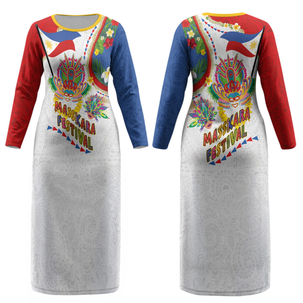 Philippines MassKara Festival Couples Matching Long Sleeve Bodycon Dress and Hawaiian Shirt Smile Masks with Hawaiian Art Pattern and Tropical Plants LT03 - Polynesian Pride