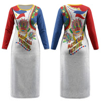 Philippines MassKara Festival Couples Matching Long Sleeve Bodycon Dress and Hawaiian Shirt Smile Masks with Hawaiian Art Pattern and Tropical Plants LT03 - Polynesian Pride