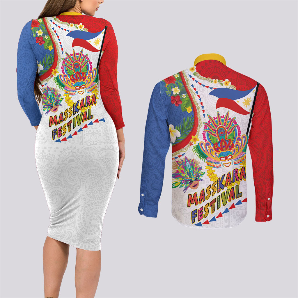 Philippines MassKara Festival Couples Matching Long Sleeve Bodycon Dress and Long Sleeve Button Shirt Smile Masks with Hawaiian Art Pattern and Tropical Plants