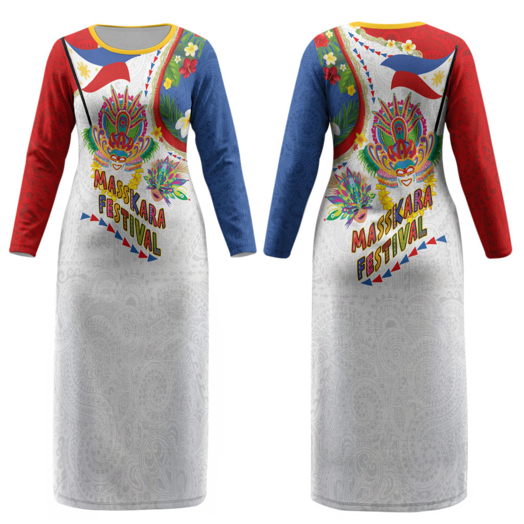 Philippines MassKara Festival Couples Matching Long Sleeve Bodycon Dress and Long Sleeve Button Shirt Smile Masks with Hawaiian Art Pattern and Tropical Plants LT03 - Polynesian Pride