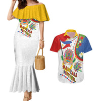 Philippines MassKara Festival Couples Matching Mermaid Dress and Hawaiian Shirt Smile Masks with Hawaiian Art Pattern and Tropical Plants