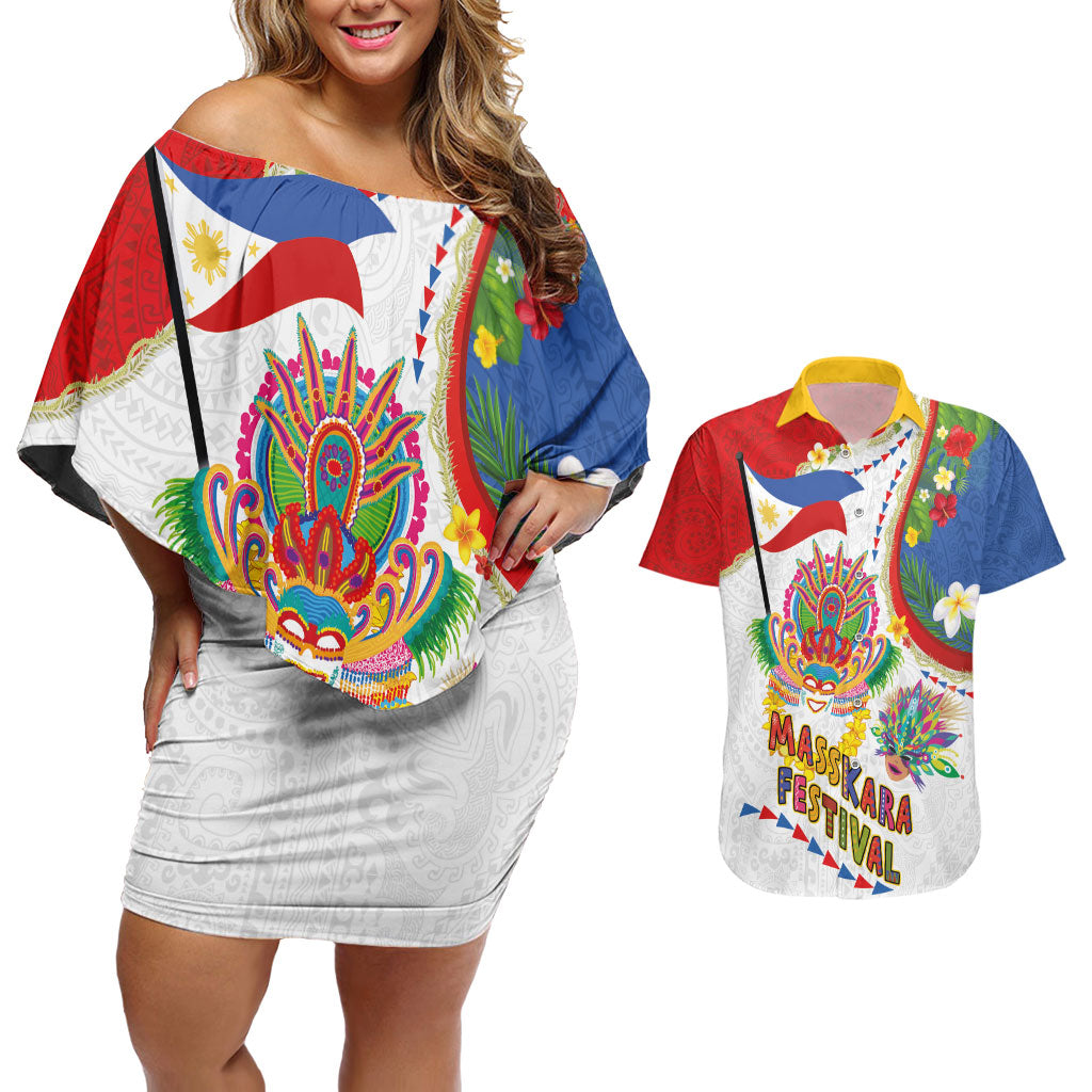 Philippines MassKara Festival Couples Matching Off Shoulder Short Dress and Hawaiian Shirt Smile Masks with Hawaiian Art Pattern and Tropical Plants