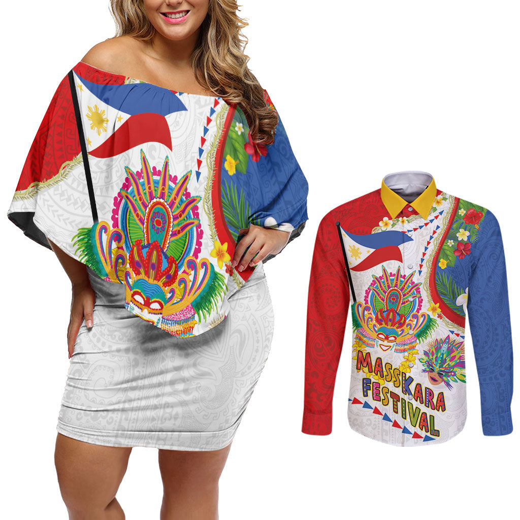 Philippines MassKara Festival Couples Matching Off Shoulder Short Dress and Long Sleeve Button Shirt Smile Masks with Hawaiian Art Pattern and Tropical Plants