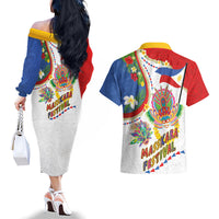 Philippines MassKara Festival Couples Matching Off The Shoulder Long Sleeve Dress and Hawaiian Shirt Smile Masks with Hawaiian Art Pattern and Tropical Plants