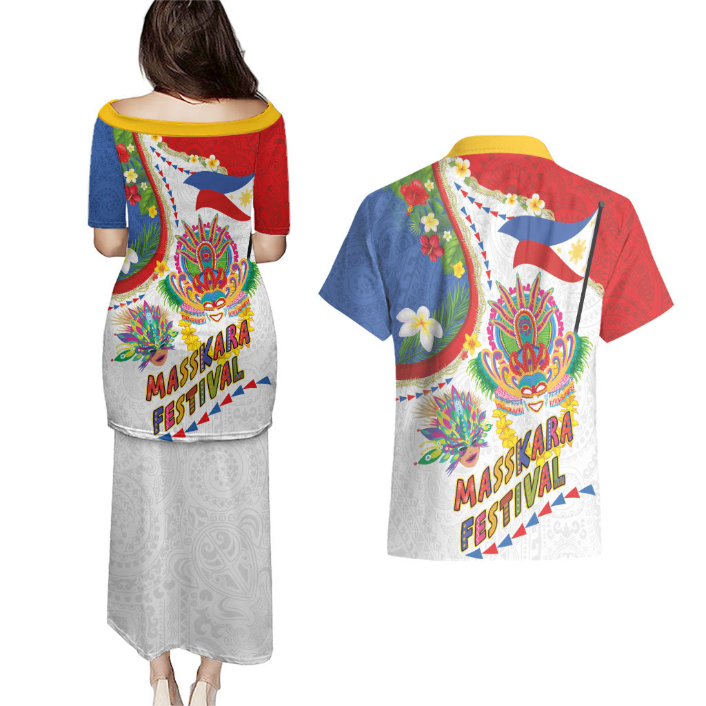 Philippines MassKara Festival Couples Matching Puletasi and Hawaiian Shirt Smile Masks with Hawaiian Art Pattern and Tropical Plants