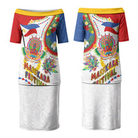 Philippines MassKara Festival Couples Matching Puletasi and Long Sleeve Button Shirt Smile Masks with Hawaiian Art Pattern and Tropical Plants LT03 - Polynesian Pride