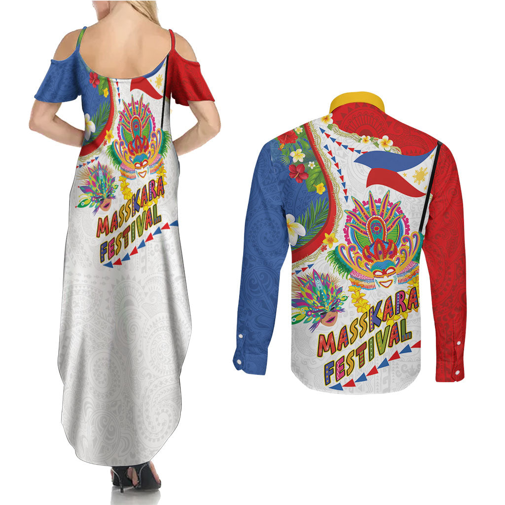 Philippines MassKara Festival Couples Matching Summer Maxi Dress and Long Sleeve Button Shirt Smile Masks with Hawaiian Art Pattern and Tropical Plants