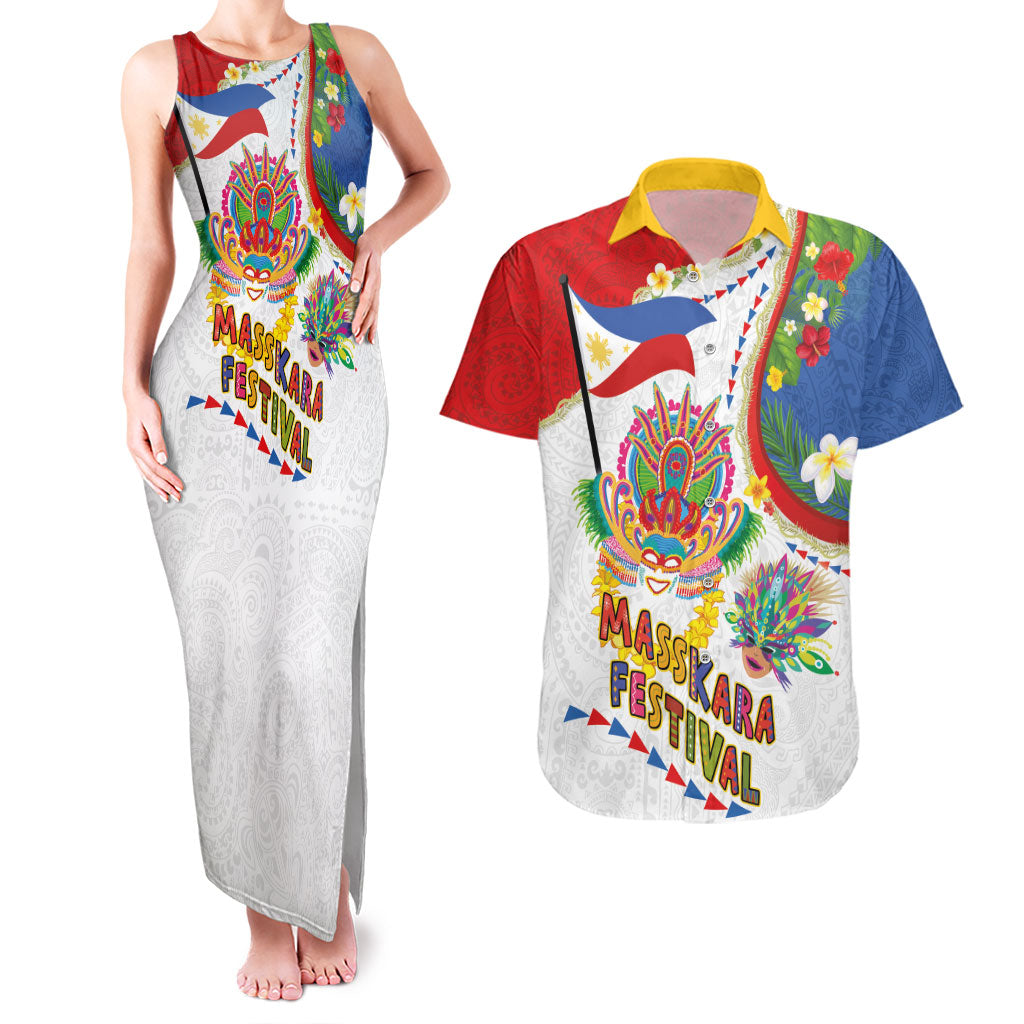 Philippines MassKara Festival Couples Matching Tank Maxi Dress and Hawaiian Shirt Smile Masks with Hawaiian Art Pattern and Tropical Plants