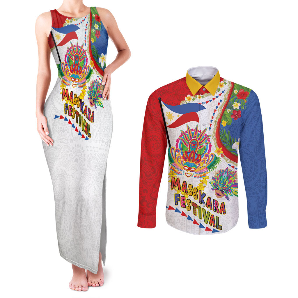 Philippines MassKara Festival Couples Matching Tank Maxi Dress and Long Sleeve Button Shirt Smile Masks with Hawaiian Art Pattern and Tropical Plants
