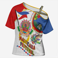 Philippines MassKara Festival Cross Shoulder Shirt Smile Masks with Hawaiian Art Pattern and Tropical Plants