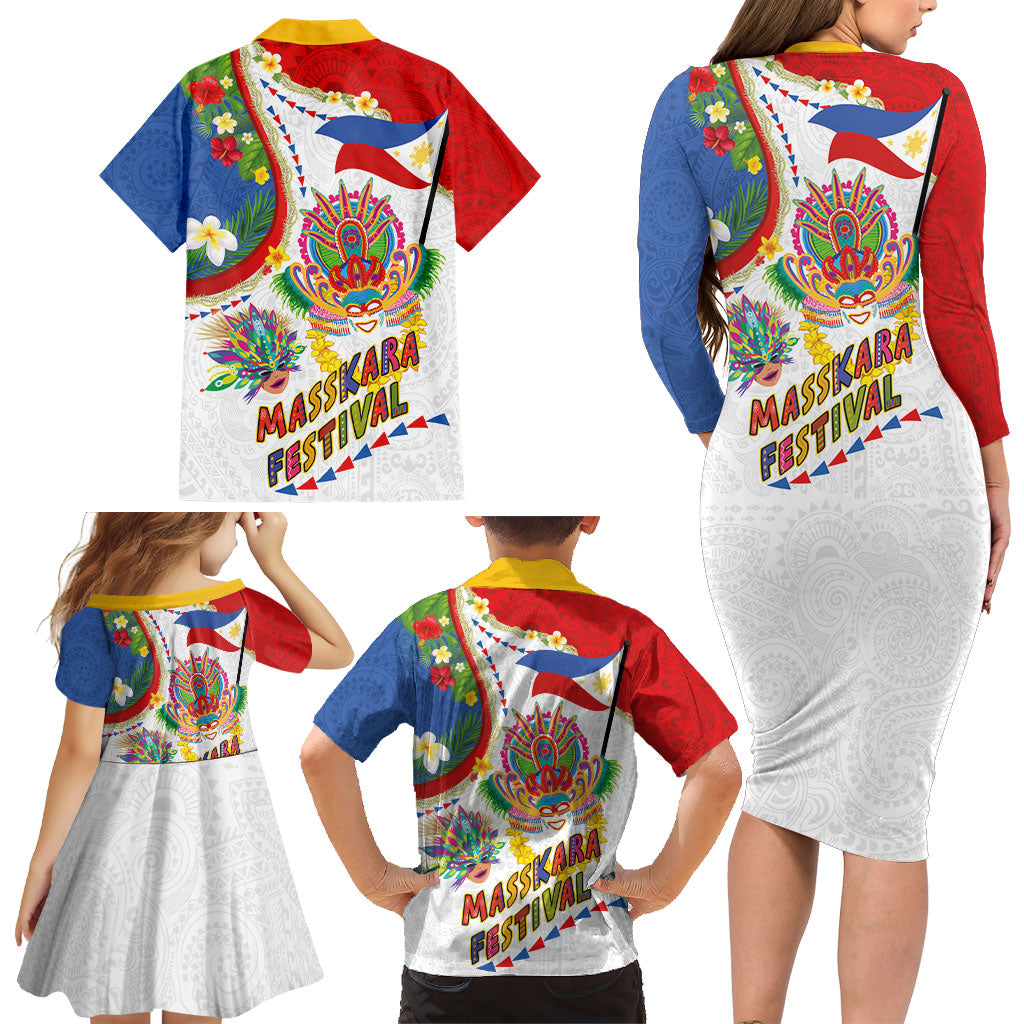Philippines MassKara Festival Family Matching Long Sleeve Bodycon Dress and Hawaiian Shirt Smile Masks with Hawaiian Art Pattern and Tropical Plants