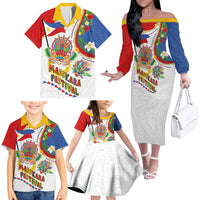 Philippines MassKara Festival Family Matching Off The Shoulder Long Sleeve Dress and Hawaiian Shirt Smile Masks with Hawaiian Art Pattern and Tropical Plants