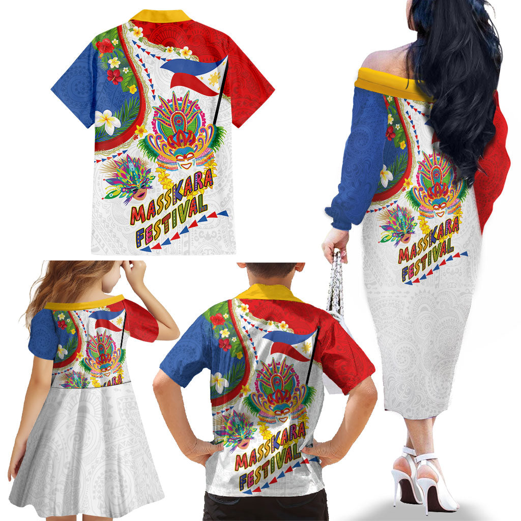 Philippines MassKara Festival Family Matching Off The Shoulder Long Sleeve Dress and Hawaiian Shirt Smile Masks with Hawaiian Art Pattern and Tropical Plants