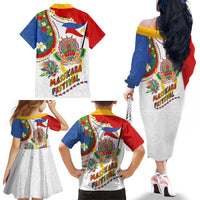 Philippines MassKara Festival Family Matching Off The Shoulder Long Sleeve Dress and Hawaiian Shirt Smile Masks with Hawaiian Art Pattern and Tropical Plants