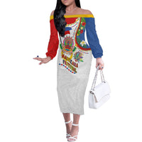 Philippines MassKara Festival Family Matching Off The Shoulder Long Sleeve Dress and Hawaiian Shirt Smile Masks with Hawaiian Art Pattern and Tropical Plants