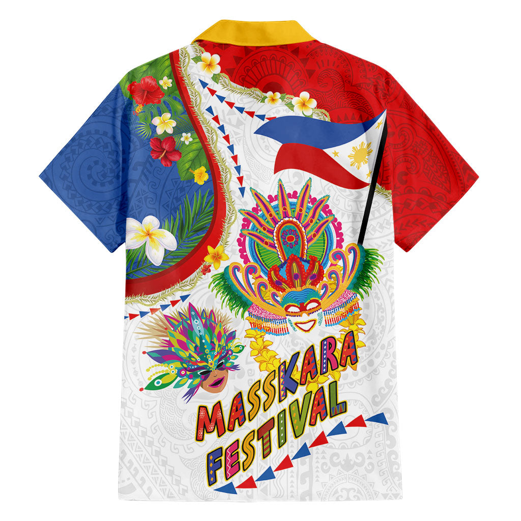 Philippines MassKara Festival Family Matching Off Shoulder Maxi Dress and Hawaiian Shirt Smile Masks with Hawaiian Art Pattern and Tropical Plants