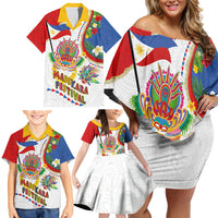 Philippines MassKara Festival Family Matching Off Shoulder Short Dress and Hawaiian Shirt Smile Masks with Hawaiian Art Pattern and Tropical Plants