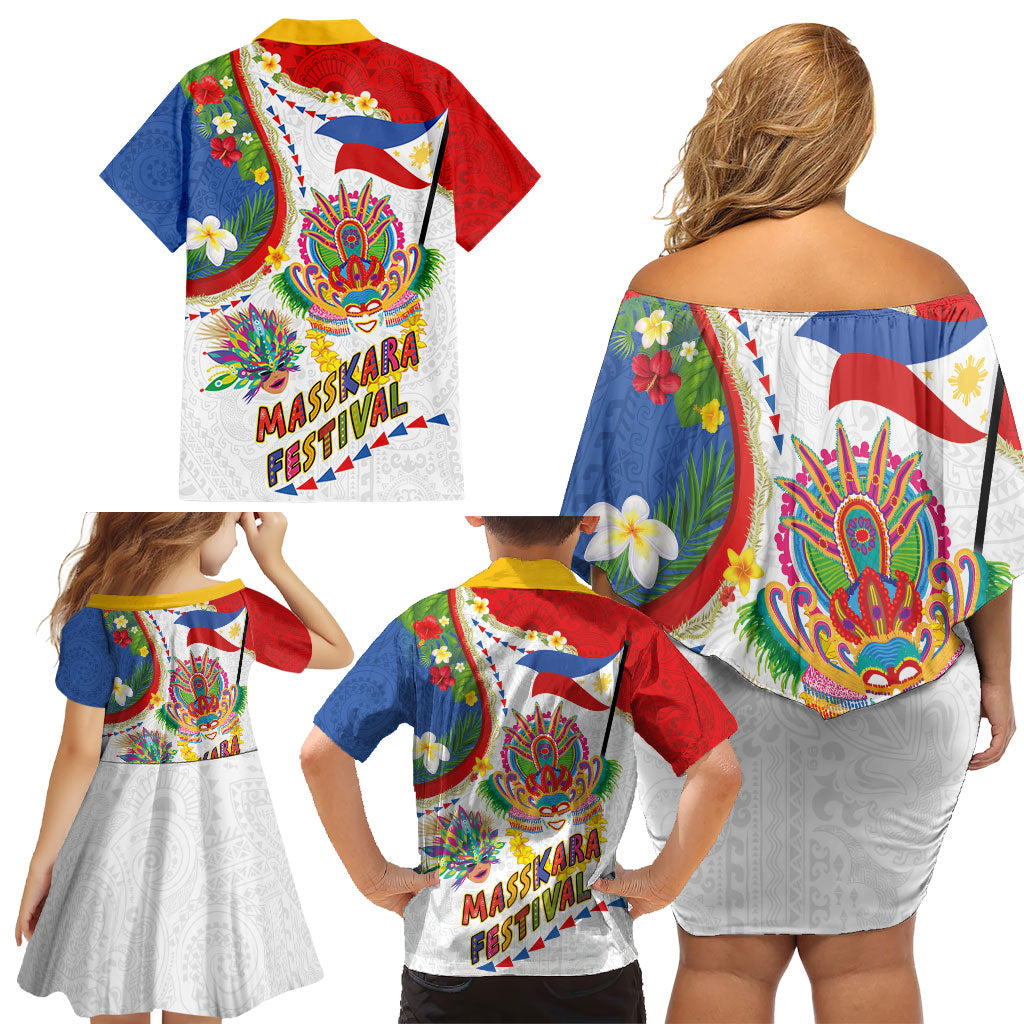 Philippines MassKara Festival Family Matching Off Shoulder Short Dress and Hawaiian Shirt Smile Masks with Hawaiian Art Pattern and Tropical Plants