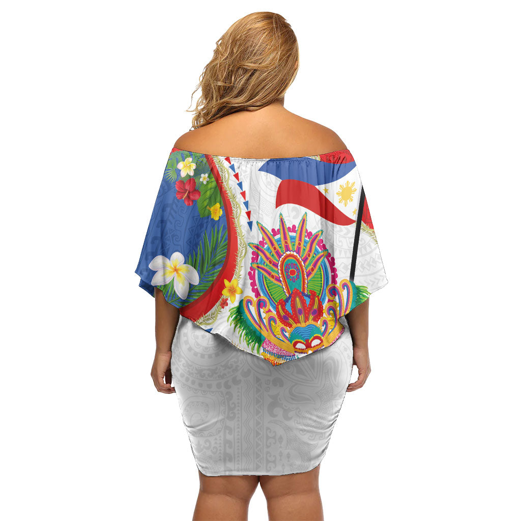 Philippines MassKara Festival Family Matching Off Shoulder Short Dress and Hawaiian Shirt Smile Masks with Hawaiian Art Pattern and Tropical Plants