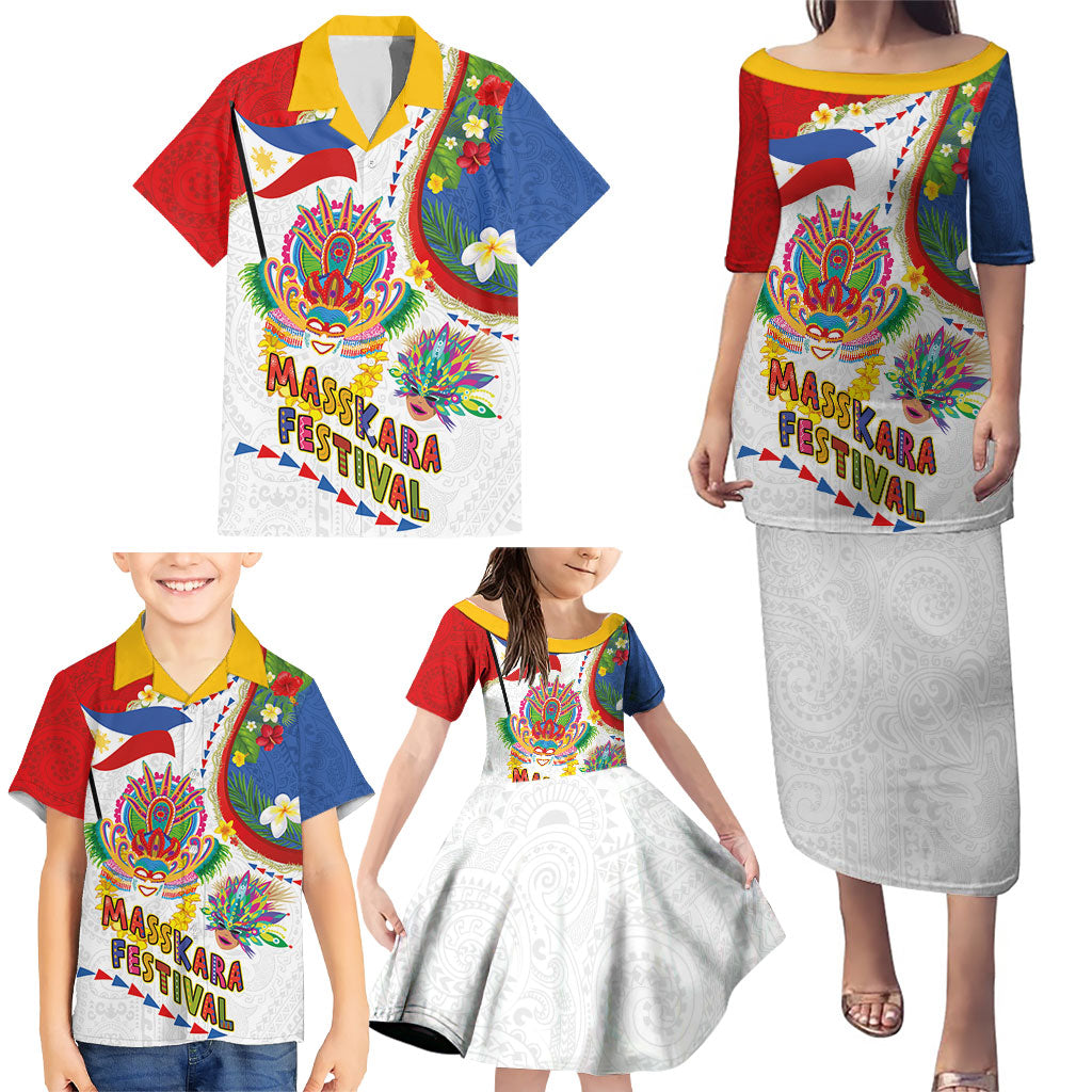 Philippines MassKara Festival Family Matching Puletasi and Hawaiian Shirt Smile Masks with Hawaiian Art Pattern and Tropical Plants