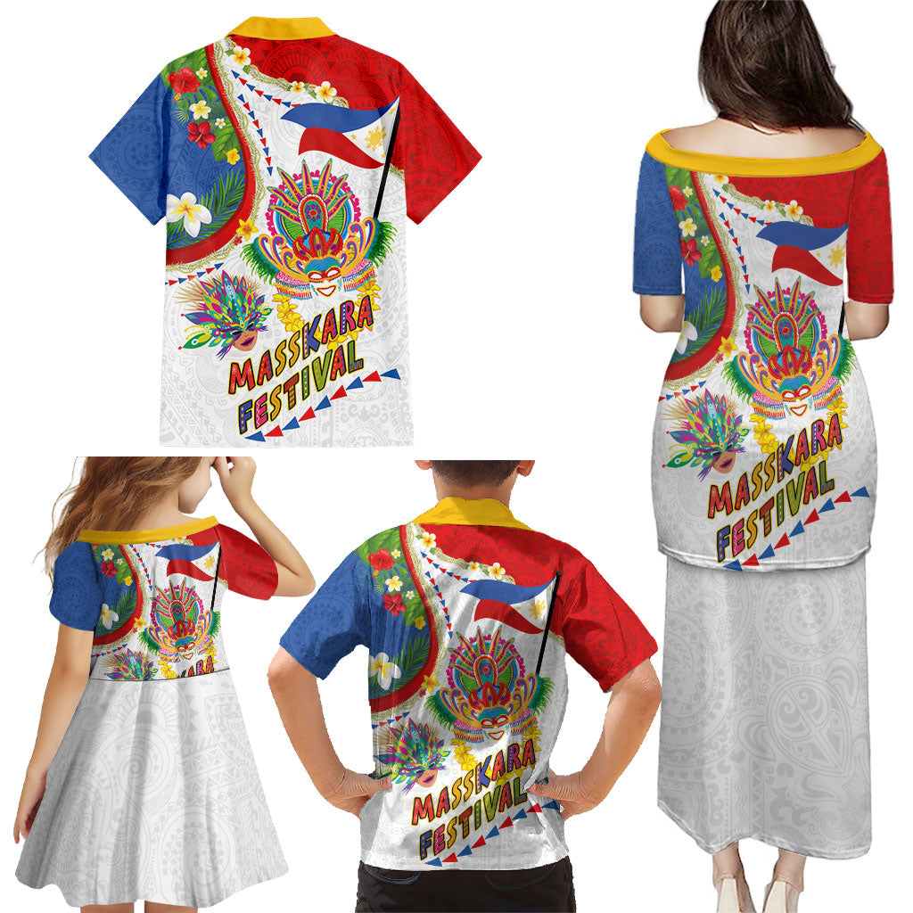 Philippines MassKara Festival Family Matching Puletasi and Hawaiian Shirt Smile Masks with Hawaiian Art Pattern and Tropical Plants