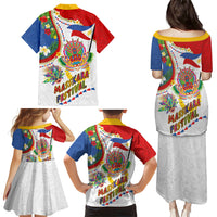 Philippines MassKara Festival Family Matching Puletasi and Hawaiian Shirt Smile Masks with Hawaiian Art Pattern and Tropical Plants