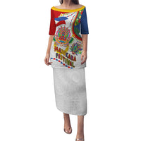 Philippines MassKara Festival Family Matching Puletasi and Hawaiian Shirt Smile Masks with Hawaiian Art Pattern and Tropical Plants