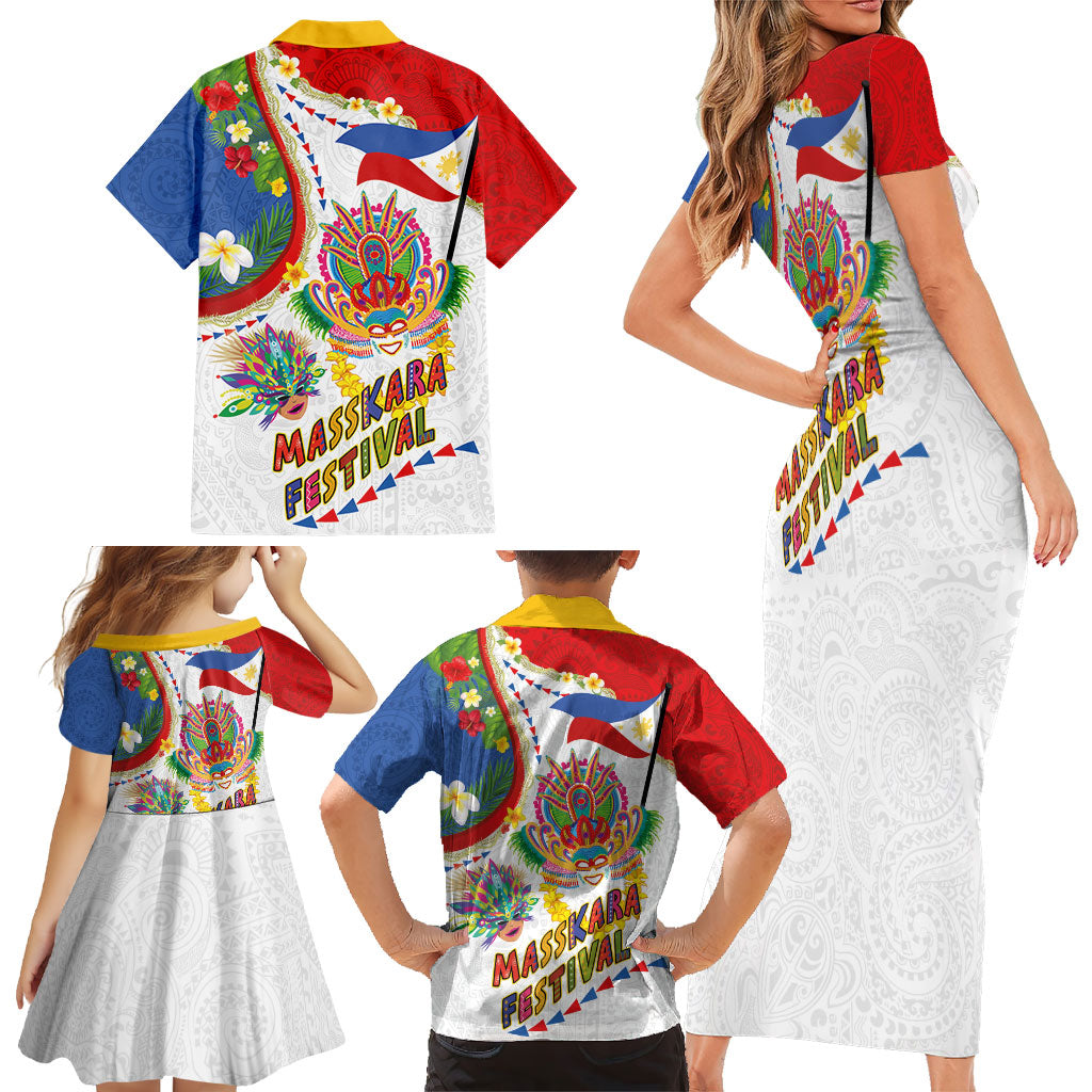 Philippines MassKara Festival Family Matching Short Sleeve Bodycon Dress and Hawaiian Shirt Smile Masks with Hawaiian Art Pattern and Tropical Plants
