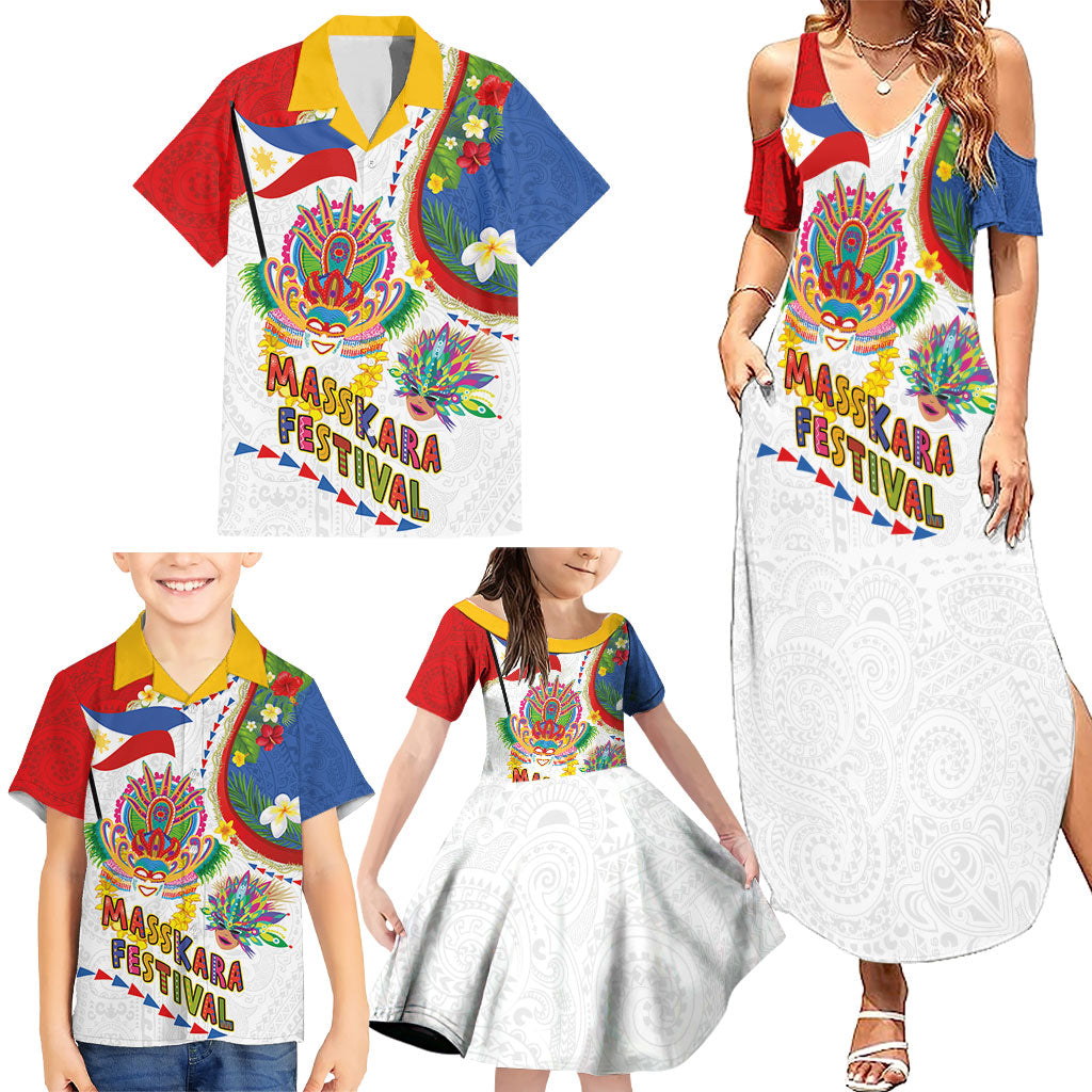 Philippines MassKara Festival Family Matching Summer Maxi Dress and Hawaiian Shirt Smile Masks with Hawaiian Art Pattern and Tropical Plants