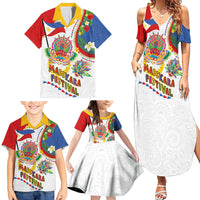 Philippines MassKara Festival Family Matching Summer Maxi Dress and Hawaiian Shirt Smile Masks with Hawaiian Art Pattern and Tropical Plants