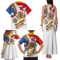 Philippines MassKara Festival Family Matching Tank Maxi Dress and Hawaiian Shirt Smile Masks with Hawaiian Art Pattern and Tropical Plants