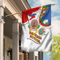 Philippines MassKara Festival Garden Flag Smile Masks with Hawaiian Art Pattern and Tropical Plants