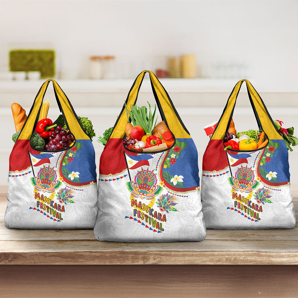 Philippines MassKara Festival Grocery Bag Smile Masks with Hawaiian Art Pattern and Tropical Plants