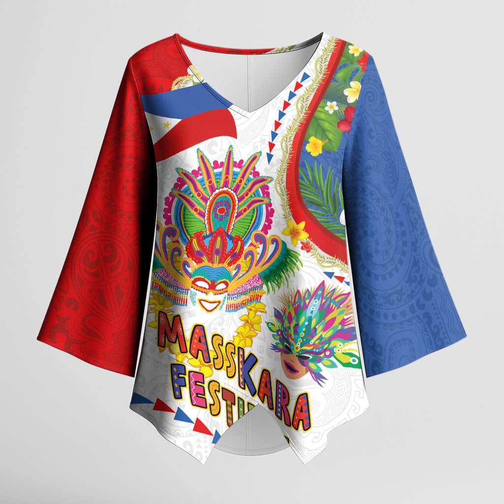 Philippines MassKara Festival Kimono Sleeve Blouse Smile Masks with Hawaiian Art Pattern and Tropical Plants