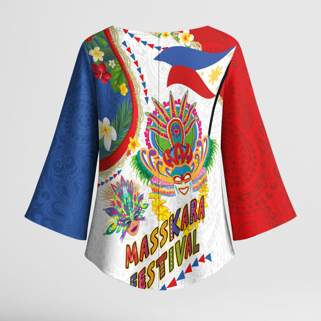 Philippines MassKara Festival Kimono Sleeve Blouse Smile Masks with Hawaiian Art Pattern and Tropical Plants