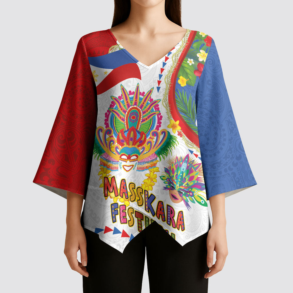 Philippines MassKara Festival Kimono Sleeve Blouse Smile Masks with Hawaiian Art Pattern and Tropical Plants