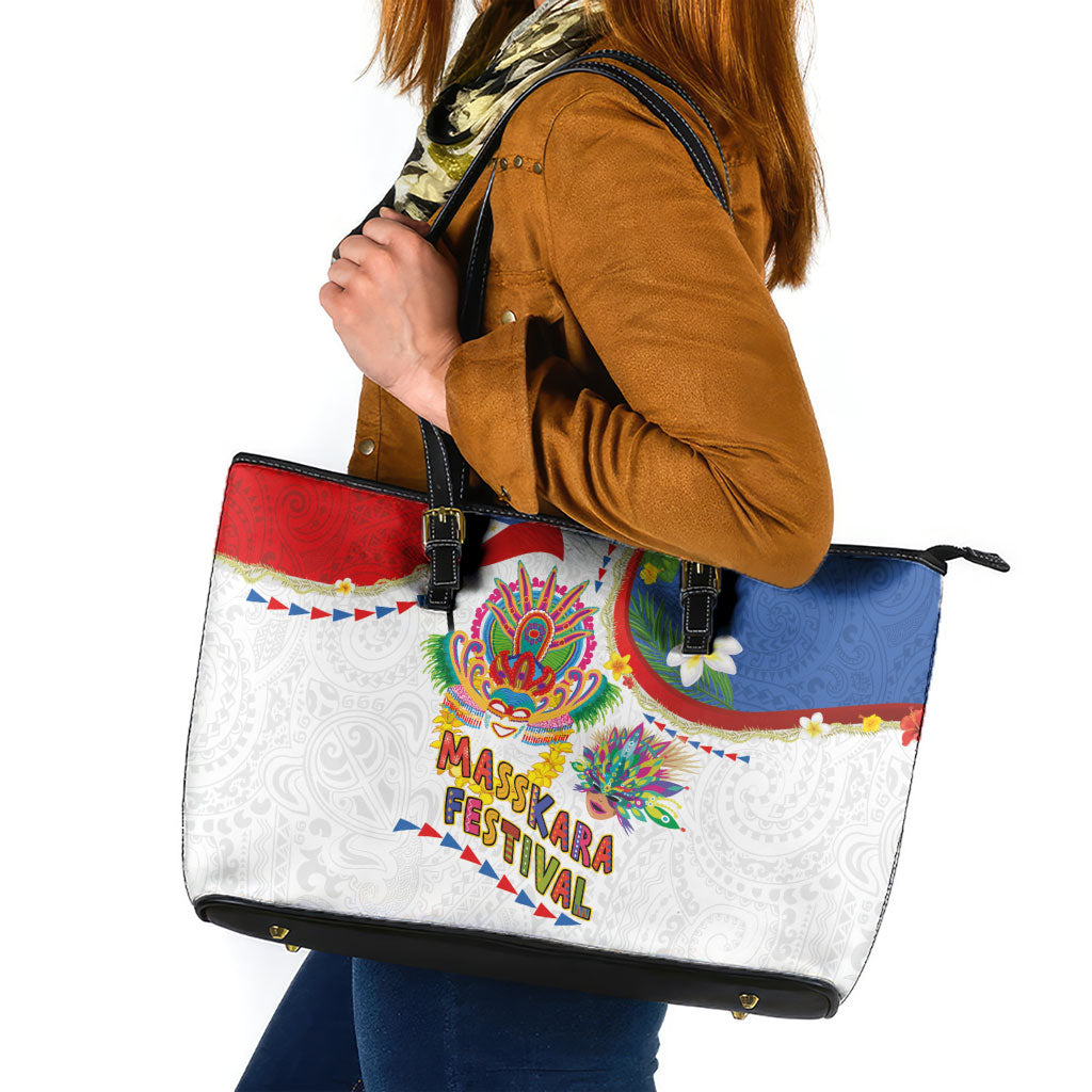 Philippines MassKara Festival Leather Tote Bag Smile Masks with Hawaiian Art Pattern and Tropical Plants