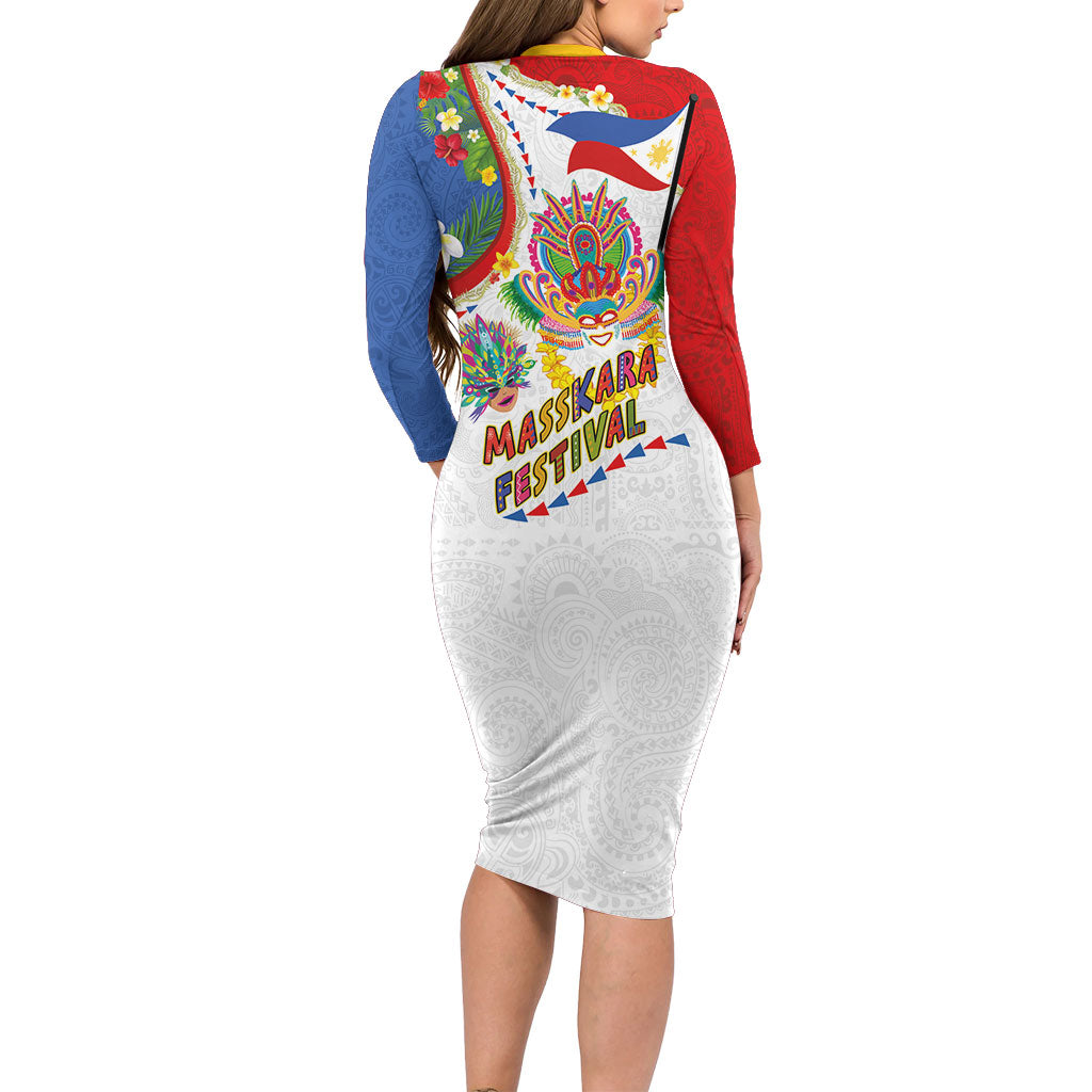 Philippines MassKara Festival Long Sleeve Bodycon Dress Smile Masks with Hawaiian Art Pattern and Tropical Plants