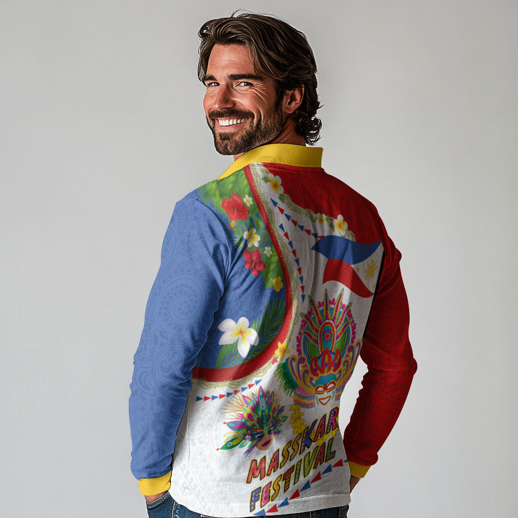 Philippines MassKara Festival Long Sleeve Polo Shirt Smile Masks with Hawaiian Art Pattern and Tropical Plants