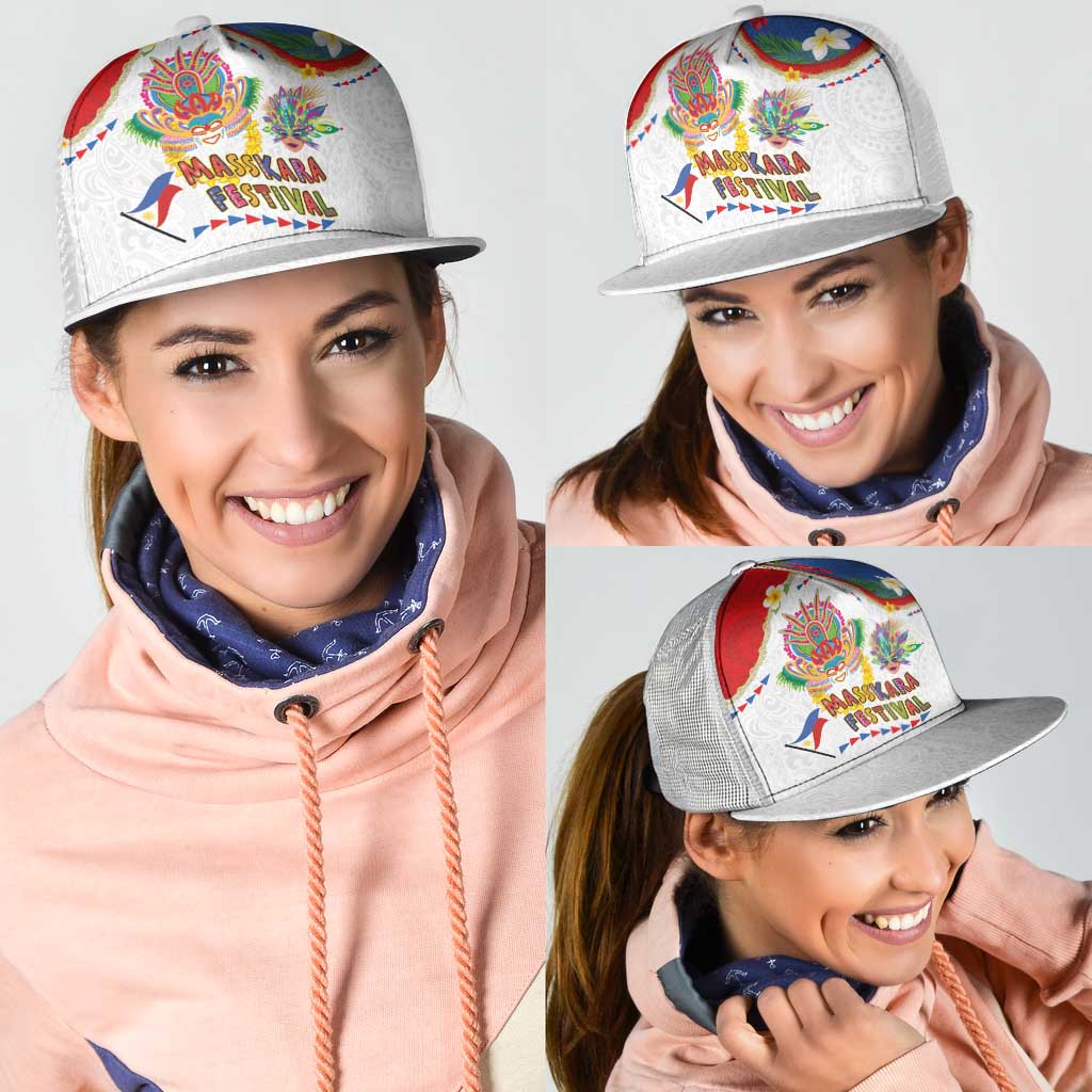 Philippines MassKara Festival Mesh Trucker Cap Smile Masks with Hawaiian Art Pattern and Tropical Plants